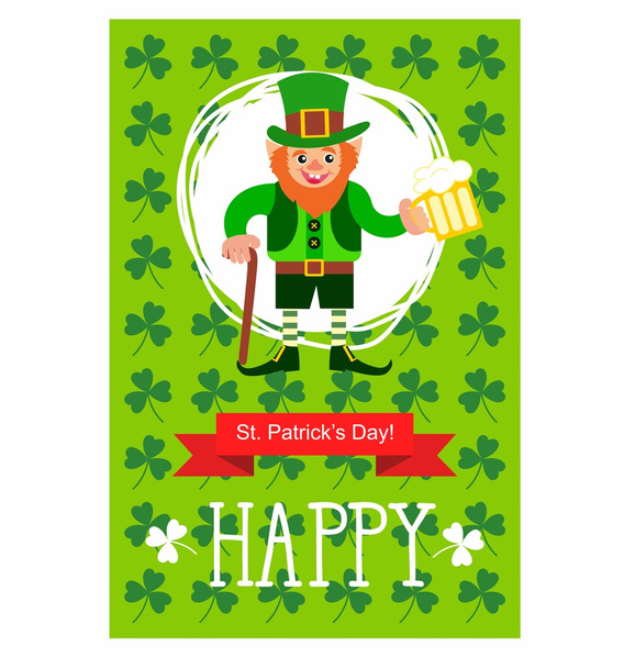St. Patrick de dag kaart. Kabouter met een stok, rookpijp en een glas bier - Vector, afbeelding