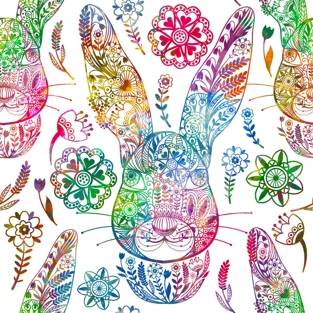 Floral seamless pattern with ornamental rabbit. Vector illustration, EPS10. - Vector, afbeelding