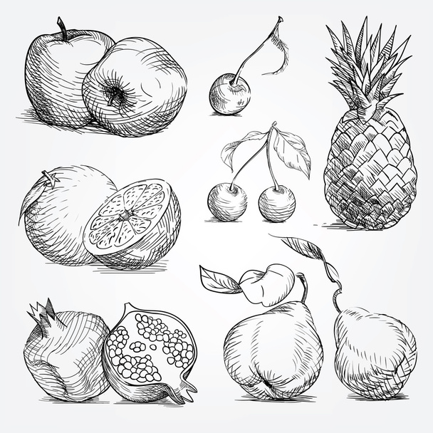 Ruční kresba sada ovoce, ananas, pomeranč, jablko, třešeň, pe - Vektor, obrázek