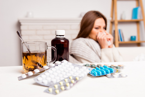 close up photo  of cup of tea, pills and mixture. sick woman's t - Φωτογραφία, εικόνα