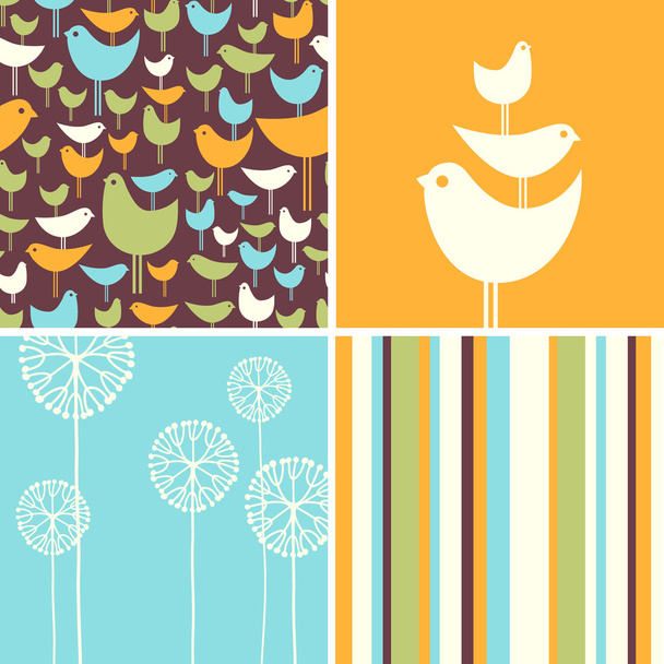 Coordinating spring patterns and design elements with retro birds, flowers, stripes - Vektor, kép