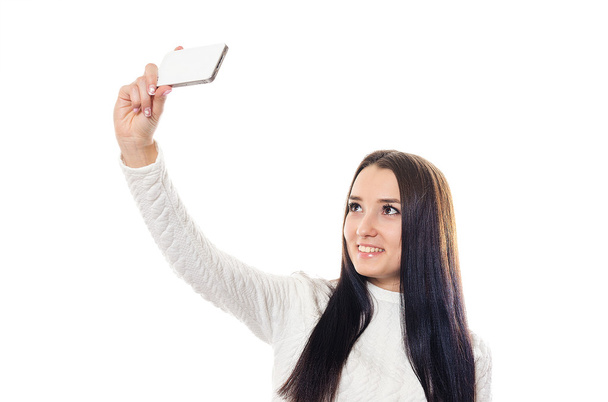 Piękna kobieta ma selfie przez telefon - Zdjęcie, obraz