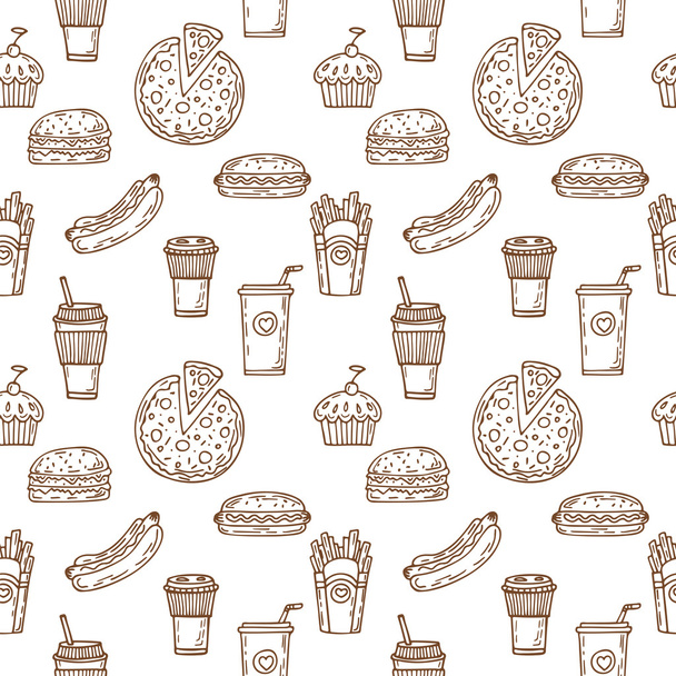 Fast Food nahtlose Muster. Hand gezeichnet Lebensmittel Hintergrund. Hintergrund - Vektor, Bild