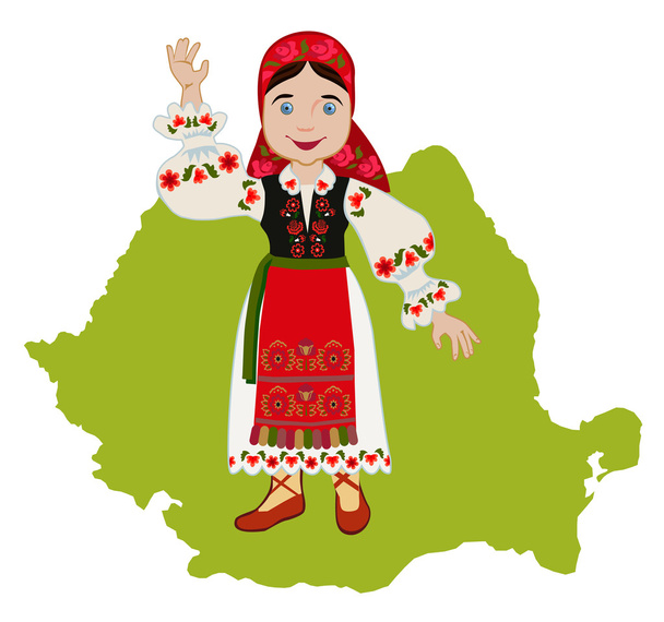 Romanian girl on map background - Vector, Image