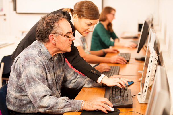 Group of adults learning computer skills. Intergenerational transfer of knowledge. - Photo, Image