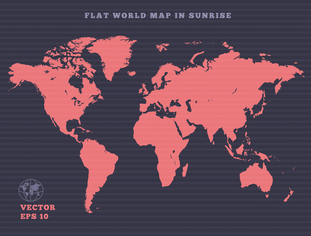 Weltkarte. rosa Landkartensilhouette auf violettem, dunklem Hintergrund. Gestaltung des Sonnenaufgangs. Vektor isoliert. - Vektor, Bild