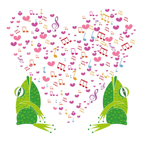 Две лягушки поют в фоновом сердце
  - Вектор,изображение