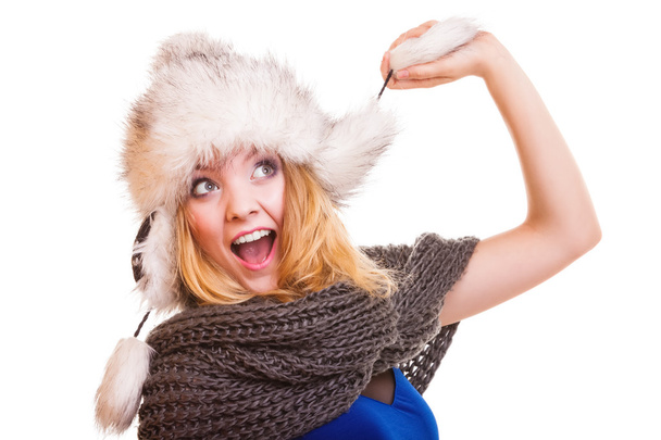woman in fur hat having  fun - 写真・画像