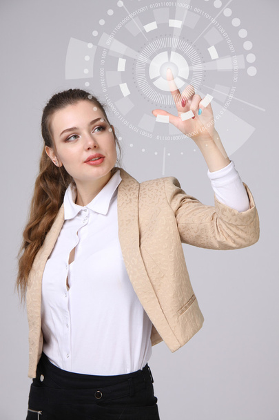 Future technology. Woman working with futuristic interface - Foto, Imagen