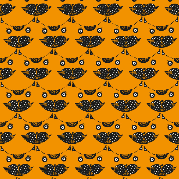 オレンジ色の背景にかわいい猫の頭のシームレスなパターン - ベクター画像