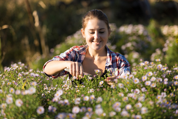 retrato de mujer joven cortando flores en el jardín
 - Foto, Imagen