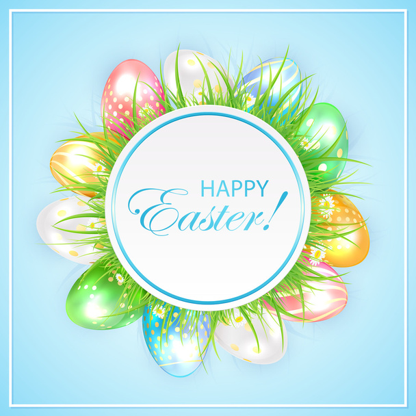 Easter banner with grass and colorful eggs - Vector, imagen