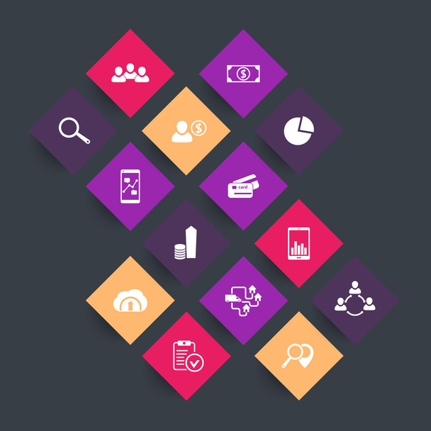 14 business, commerce, finance color icons on square shapes, vector illustration - Вектор,изображение