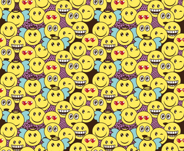 nahtlose Doodle-Muster mit lustigen positiven Emoticon-Ausdrücken. Lächeln, Augenzwinkern, Engel, überrascht, verliebt, Smileys inklusive. - Vektor, Bild