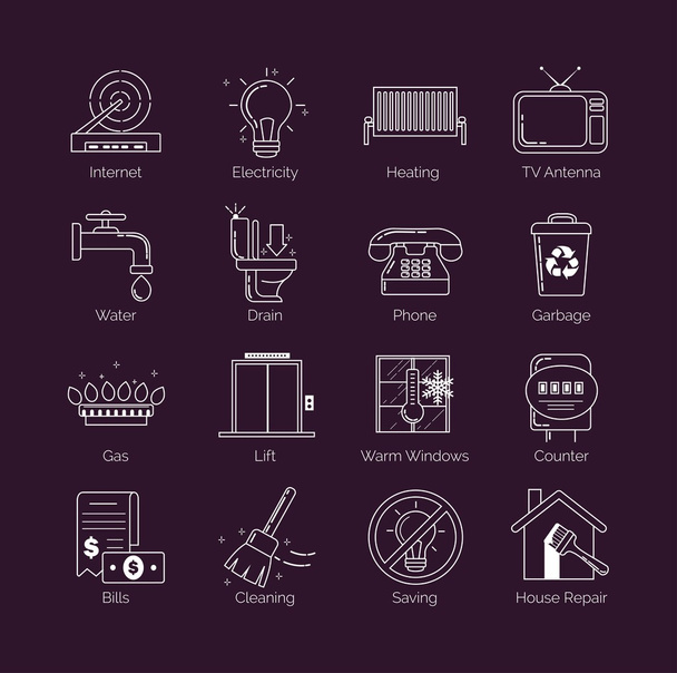 A set of modern thin line white public utility, housing facilities, communal housing services vector icons. - Vector, Image