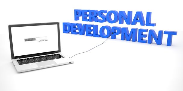 Personal Development - laptop notebook computer connected to a word on white background. 3d render illustration. - Photo, Image