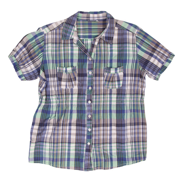 Woman's blue cotton plaid shirt with short sleeves - Photo, Image