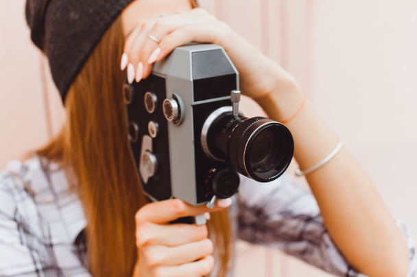 hipster woman with video camera - Φωτογραφία, εικόνα