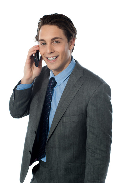 Portrait of a smiling businessman using a cellphone - 写真・画像