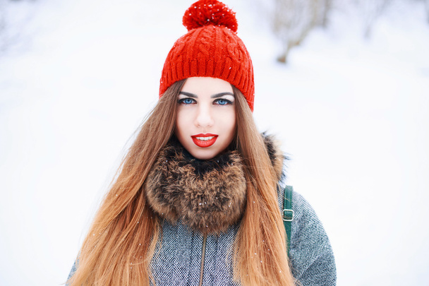 Joven mujer hermosa en un día de invierno en el fondo de un campo cubierto de nieve
 - Foto, imagen