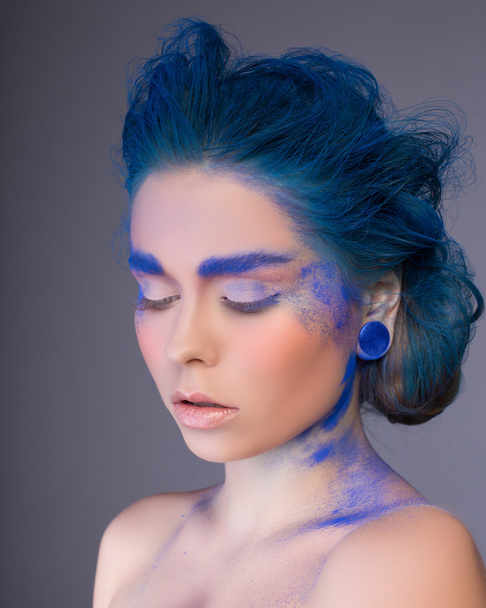 colorful portrait of beautiful woman with art creative make up - 写真・画像