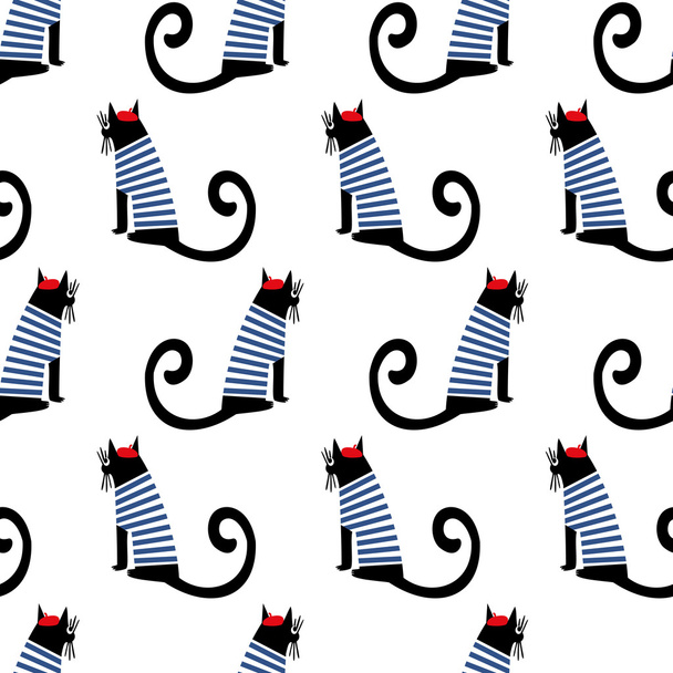 French style cat seamless pattern. Cute cartoon sitting parisian cat vector illustration. Child drawing style kitty background. - Vektör, Görsel