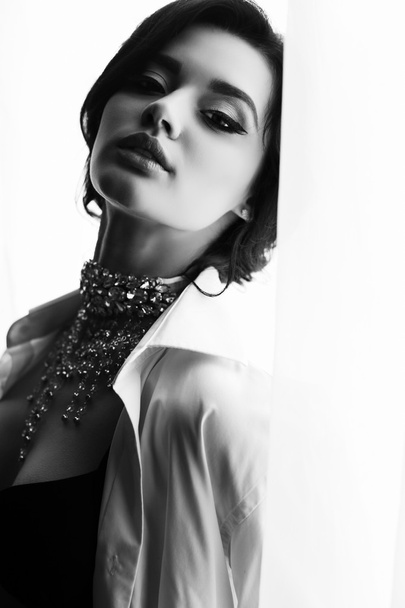 beautiful sexy girl with dark hair wears elegant lingerie and luxurious necklace   - Φωτογραφία, εικόνα
