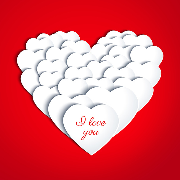 Paper white hearts with drop shadows on red background. Valentines day card in minimalistic style. I love you  lettering. Banner. Invitation design. Vector eps10 illustration - Vektor, obrázek