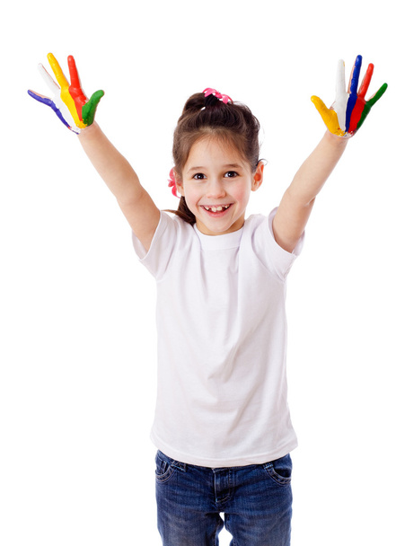 Happy girl with painted hands - Fotoğraf, Görsel