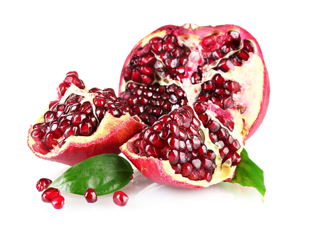 Ripe pomegranate fruit with leaves isolated on white - Zdjęcie, obraz
