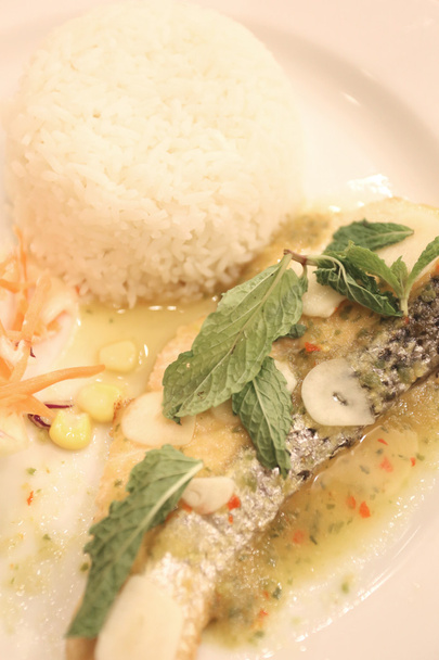 Рис зі стейком лосося зі спеціями та салатом у страві
. - Фото, зображення