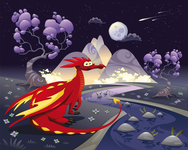 Dragon in landscape in the night. - Vector, Image