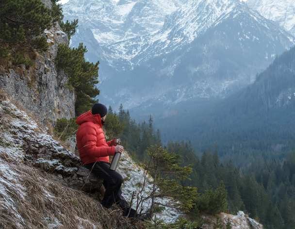 Guía de montaña bien construido descansando en un asombroso paisaje rocoso de invierno
 - Foto, Imagen