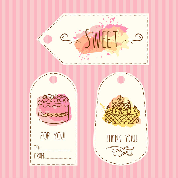Tags with cake illustration. Vector hand drawn labes set with watercolor splashes. - Vektor, Bild