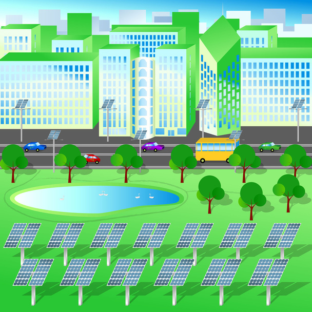 green city, trees lake, renewable energy, solar panels - Vector, Image
