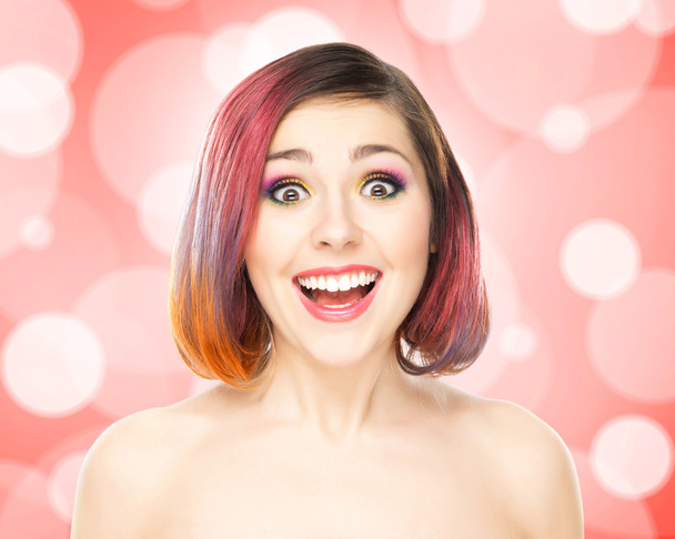 Beautiful smiling girl with colorful make-up - Fotoğraf, Görsel