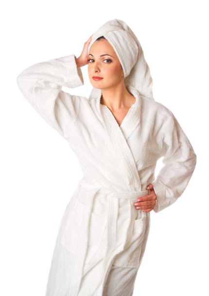 Woman in robe is posing - 写真・画像