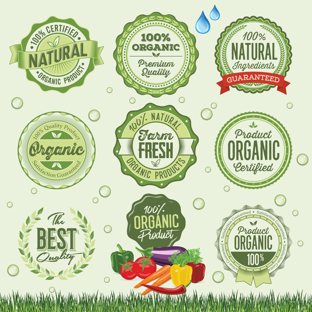 Insignes, étiquettes et éléments d'aliments biologiques
. - Vecteur, image
