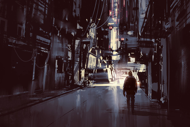 mies kävelee yksin pimeässä kaupungissa
 - Valokuva, kuva