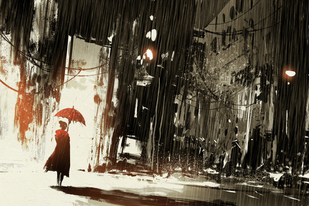 放棄された都市の傘を持つ孤独な女性 - 写真・画像