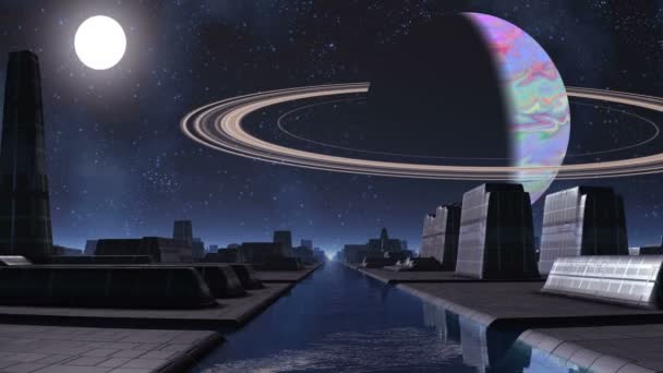 City of aliens, river and a huge planet - Footage, Video