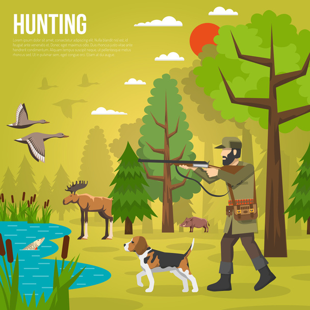 Flat Icons with Hunter Aiming At Ducks
 - Вектор,изображение