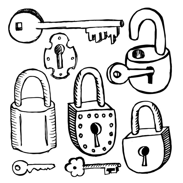 Old locks and keys on white background. - Vector, Image