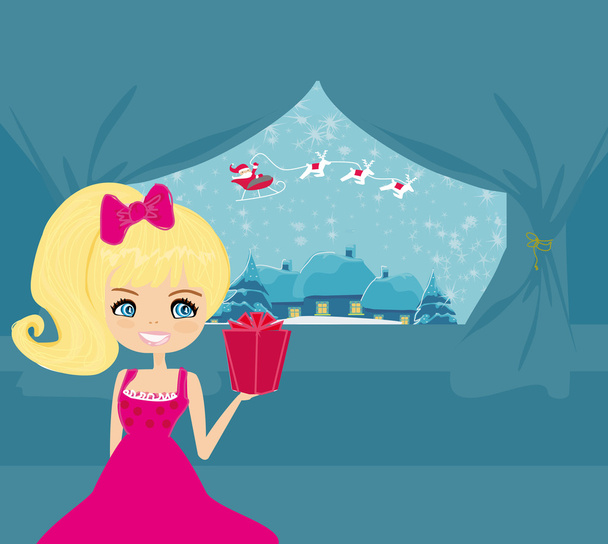 Happy New year card with Santa, girl and winter landscape - Vector, Image