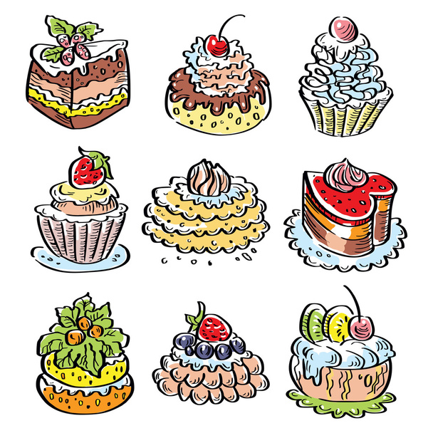 Набор красочных вкусные кексы, кусочки тортов, и другие пекари
 - Вектор,изображение