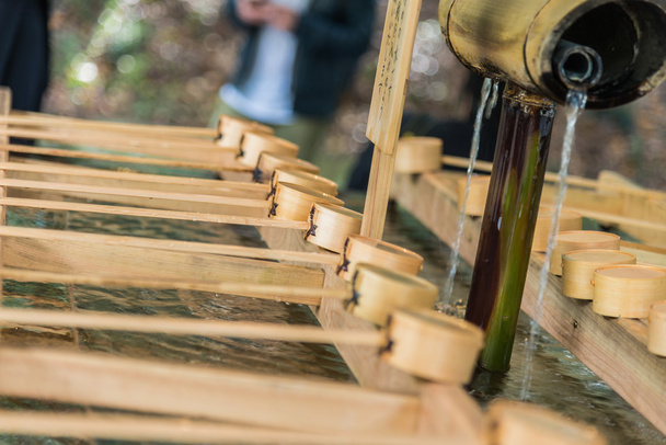 Bambù mestolo di purificazione giapponese all'ingresso del tempio giapponese
 - Foto, immagini