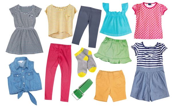 Child girl cotton bright summer clothes set collage isolated. - Fotó, kép