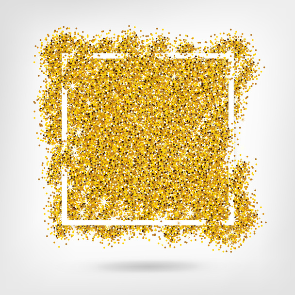 Gold sparkles on grey background in white frame - Vector, Image