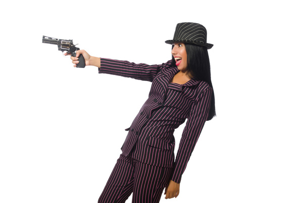 Gangster woman with gun isolated on white - Photo, Image