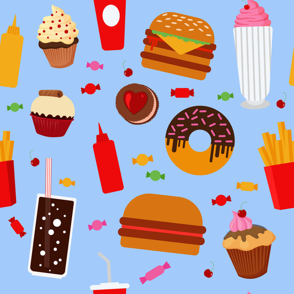 Fast Food padrão sem costura com doces, doces, cupcakes e hambúrgueres
 - Vetor, Imagem